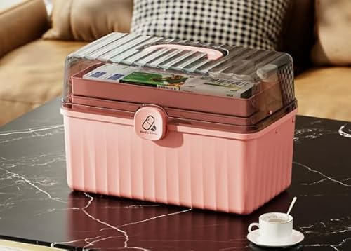 Braozaiw Scatola di immagazzinaggio medicinale a tre strati, scatola di primo soccorso, scatola medica portatile, scatola medica, grande capacità, ufficio e viaggio (Rosa)
