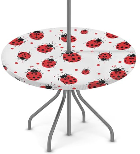 Woltant Tovaglia rotonda con foro per ombrellone e cerniera, facile da pulire, con bordi elastici, protezione per tavolo da giardino, patio, barbecue (coccinella)