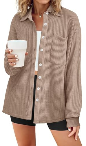Tankaneo Womens Waffle Knit Button Down Shirts Long Sleeve Loose Fit Khaki | Business Casual, Collared Shirts for Women, Breathable Soft Waffle Fabric, Trendy Early Autumn, Lightweight