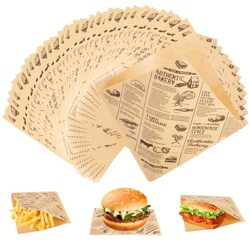 150 Stück Burger Papier, Döner Papier, Burger Tüten Wasserdicht und Öl, Käsepapier, Backpapier Zeitungsoptik, Deli Papierblätter, für Sandwich Burger Pommes Frites,15 x 15cm