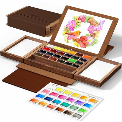 LIGHTWISH Set Acquerello Portatile 24 Colori, Colori ad Acqua ad Alta Concentrazione di Pigmento Resistenti alla Luce, Set Pittura Professionale con Scatola in Legno di Noce per Artisti