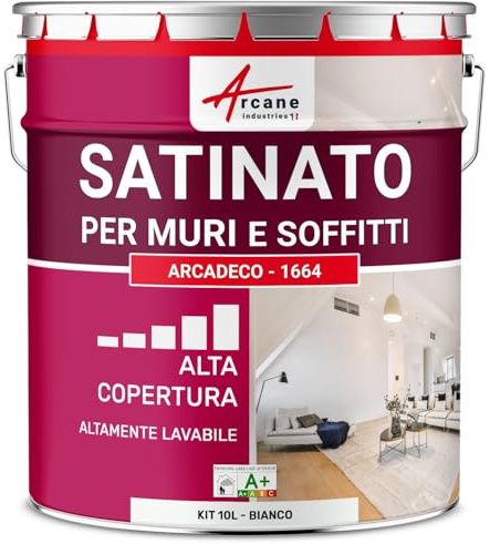 ARCANE INDUSTRIES Peinture Murale Interieur | Peinture Mur et Plafond satinée | Blanche ou teintée : Arcadéco Mur Satin - 10 L Blanc