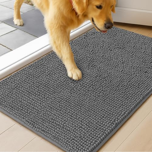 MudGuard Mat™ Dog Door Mat for Muddy Paws, Super Absorbent Microfiber, Non-Slip Indoor Mat, Quick Dry Chenille Mud Mat for Dogs & Entryway, Washable, Grey 24 x 36