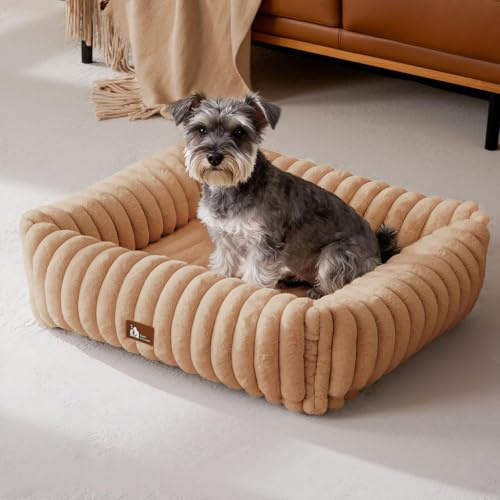 Upvilla Luxus Hundebett,Weiches Hundesofa,waschbarer Hundekorb MP Warmsand | Superweiches Kaninchen-Kunstfell-Bezug, dick aufgefüllte Stützpolsterung, integrierter Tragegriff, Kleintierbett, Katzenbett