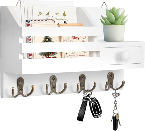 Irayin Key and Mail Holder for Wall, Mail Organizer Wall Mount with 8 Hooks and Storage Drawer, Easy Installation Key Rack for Entryway and Home Decor, White