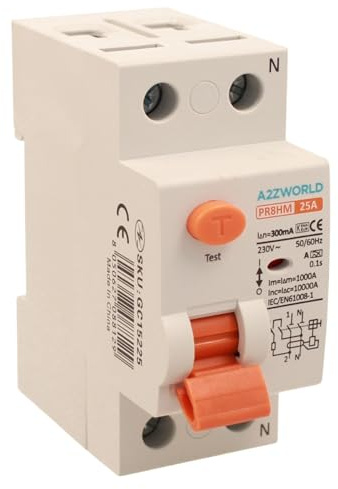 Interruttore Differenziale Puro Tipo A 300mA, Salvavita 25A, RCCB 1P+N 10kA 220V, 2 Moduli DIN, Serie PR8HM Elettromagnetica, Certificato IEC61008-1