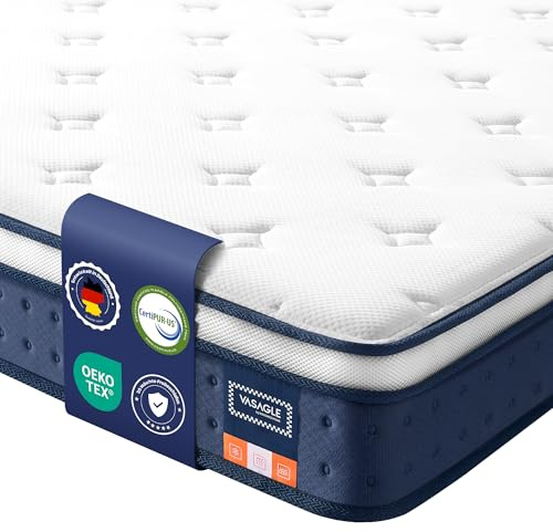 VASAGLE Matratze, 140 x 200 x 20 cm, Taschenfederkernmatratze aus Gel-Memory-Schaumstoff, mittelfest, H3, 7-Zonen-Unterstützung, Bewegungsisolierung, atmungsaktiver Bezug, blau RMZ214QZ02
