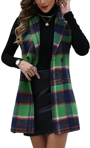 ELLEVEN Womens Tweed Plaid Long Vest Top for Women Dressy Business Casual Sleeveless Flannel Jackets Fall Cozy Slim Fit Western Outerwear Green Plaid Large