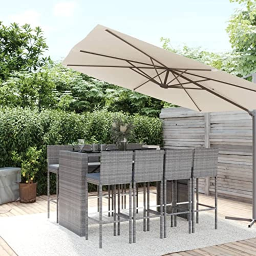 QJBSAVVA 9-TLG Gartenbar-Set Grau, Poly-Rattan, 185x80 cm Tisch, 8 Barhocker mit Rückenlehne, wetterfest, Balkon/Terrasse