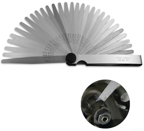 Set di 32 spessimetri in acciaio inox da 0,03-1,00 mm, con doppia marcatura metrica e per sistema imperiale per regolazione del gioco della valvola