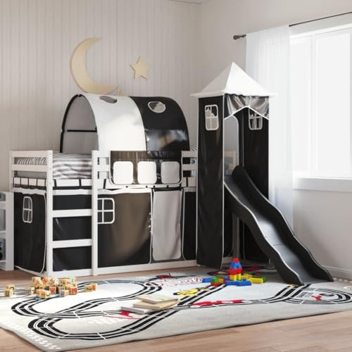QJBSAVVA Hochbett mit Rutsche Kiefer massiv 90x190 cm weiß anthrazit Etagenbett für Kinder ab 6 Jahren inkl Gardinen 1955 x 975 x 113 cm Komplett-Set für Schlaf und Spiel im Kinderzimmer