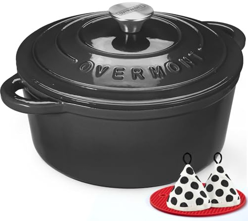 Overmont Olla de Hierro Fundido - Antiadherente Cacerola Holandesa de Esmaltado con Tapa - Ø24 CM Redonda Cacerola Holandesa para Cocinas de Inducción - Gris grafito