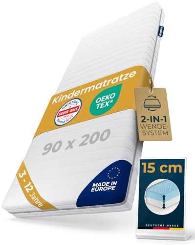 Kindermatratze 90x200 cm für Kinderbett und Jugendbett, Kinder Matratze | 2-1 System, mitwachsend ab 3 Jahre, Oeko-Tex und Dermatest Zertifiziert, 15 cm Komfortschaum RG28, Made in Europe