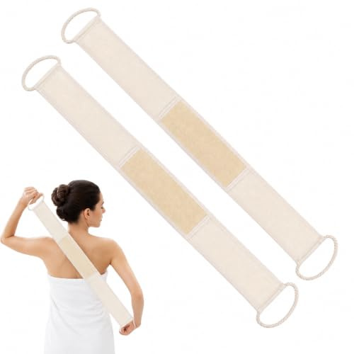 2 stycken luffa ryggskrubb, 86 × 8 cm, dubbelsidig för badrum och dusch | Med naturlig luffasida för mjuk peeling och mjuk handdukssida för daglig rengöring – 2-i-1 bakrem
