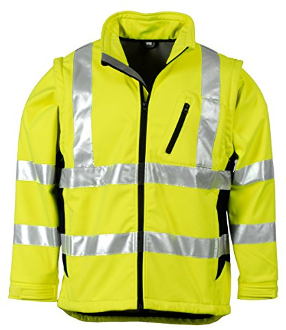 LeiKaTex Softshell-Warnschutzjacke für Herren und Damen (M, Neongelb/Marine) winddicht, wasserabweisend, atmungsaktiv, abnehmbare Ärmel, Fleece Innenstoff EN 20471 Arbeitsjacke