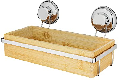 Compactor Bestlock Väggmonterbar badrumsförvaringshylla, sugkoppsmontering, stöder upp till 12 kg, bambu och krompläterat järn, 27,6 x 14,8 x H. 12,7 cm, RAN5807