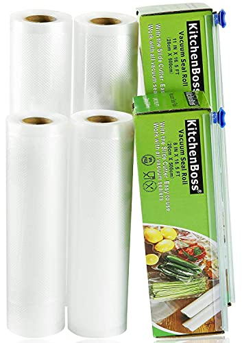 KitchenBoss Sac Sous Vide Alimentaire,4 Rouleau 20cmx5M et 28cmx5M,Total 20 M,Rouleaux Sous Vide Alimentaire avec 2 Boîte de Coupe(Pas Plus de Ciseaux) sans BPA,pour Machine Sous Vide KitchenBoss
