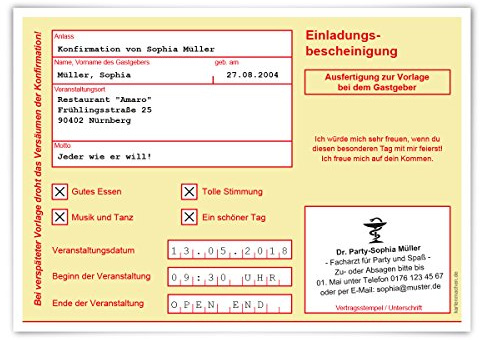 Kartenmachen.de 10 x Witzige Einladungskarten Konfirmation Einladungen Konfirmationskarten - Krankschreibung Krankmeldung AU Gelb