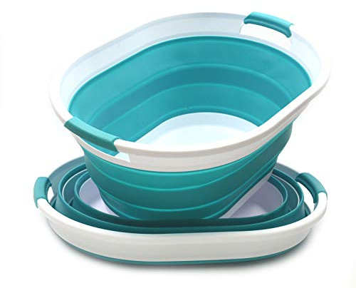 SAMMART 28L (7.4 gallon) Collapsible Plastic Laundry Basket-Oval Tub/Basket - Portable Washing Tub-Space Saving Laundry Hamper, Water capacity: 22L (5.8 gallon) (2, Bright Blue)
