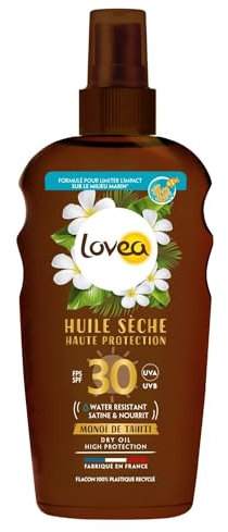 LOVEA - Huile Sèche FPS 30 - Haute Protection Solaire Corps - Monoï De Tahiti - Protection UVA/UVB - Nourrissant & Résistant À L'Eau - Vegan - Fabriqué En France - 150 ml