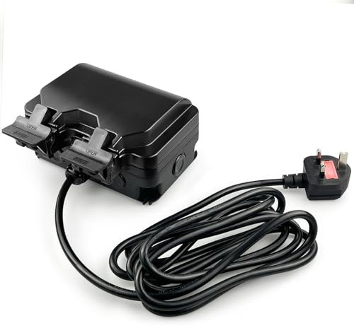 Outdoor Extension Lead Waterproof 3m External Plug Sockets IP66 2 Gang Black 13A Outside Fused Wall Switched Weatherproof 2 Way Double Power Garden Electrical Socket Cover Box with 3m Extension Cable