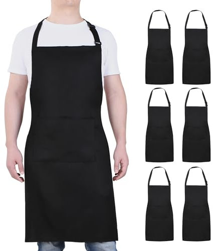 Will Well Chef Apron for Men Professional - Cooking Aprons for Women With Pockets - Adjustable Black Aprons for Men - Bib Aprons With Pockets Water & Oil Resistant - 6 Pack