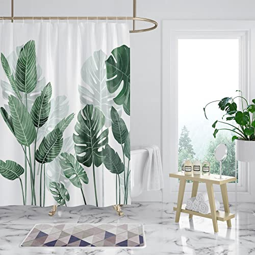 WONGS BEDDING Duschvorhang 180x120 Anti Schimmel Waschbar Tropische Blätter | Shower Curtain grün Blätter aus Wasserdicht schimmelfest Polyester, schnell trocknend mit 12 Ringe Magnetstreifen in 4 Größen