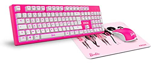 KROM BARBIE KANDY - Clavier à membrane LED blanche, souris capteur optique 6400 dpi, tapis de souris en caoutchouc souple et résistant, disposition française, couleur rose