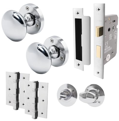 EAI Polished Chrome Door Knobs with Bathroom Lock 80mm, Hinges - Victorian