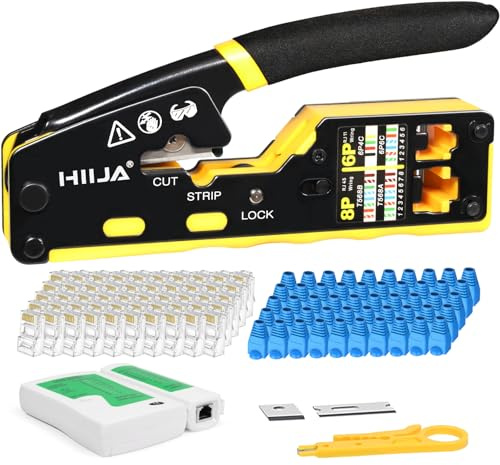 Hiija Kit Crimpadora RJ45 Cat6 Cat5e Cat5 con Comprobador de Cable, Alicates Ethernet 3 en 1 con Pelacables, 50 Conectores Pasantes RJ45 Cat6 y Fundas para Reparación de Redes LAN