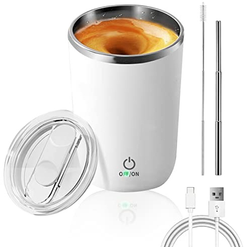 Beyoung Self Stirring Mug, 12oz Portable Electric Mixing Mug, Stainless Steel Travel Coffee Cup with Leakproof Lid, Auto Mixer Tumbler Cups For Coffee Milk Tea, White