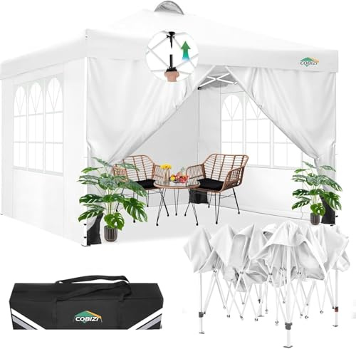 COBIZI Faltpavillon 3x3m Wasserdicht Stabil - Profi Partyzelt mit 4 Seitenteilen & Lüftungsschlitze, Pop Up Gartenpavillon Winterfest, Höhenverstellbar, Gartenzelt für Event & Camping, Weiß
