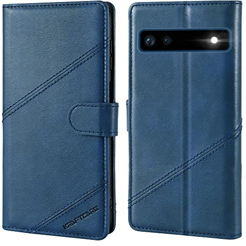 KRAFTCARE Handyhülle für Google Pixel 6A Hülle | Klapphülle mit Premium PU Leder, 3 Kartenfächer + Geldscheinfach, Ständer, Stoßfeste, RFID Blockierung, Navy Blau