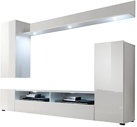 trendteam Anbauwand Wohnwand Schrankwand Weiß Hochglanz inkl. Beleuchtung 208 x 165 x 34 cm