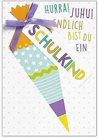 Perleberg - schöne Karte zum Schulanfang mit Schultüte - hochwertige Karten zur Einschulung - Einschulung Karten mit Umschlag - Glückwunschkarte für Jungen & Mädchen 11,6 x 16,6 cm