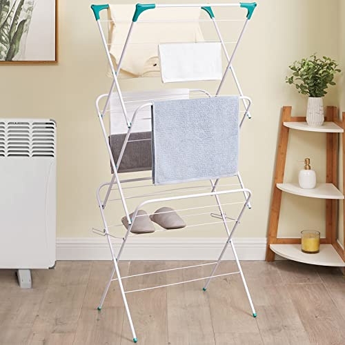 Vivo Technologies 3 Tier Deluxe 14m Foldable Clothes Airer, Washing Line Horse Laundry Dryer Indoor Folding Drying Racks 4 Corner Hooks White