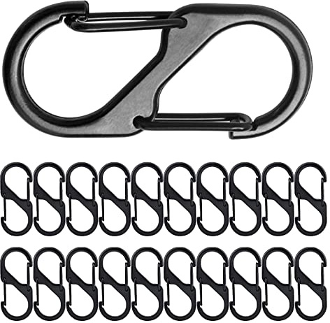 FANNITE 20 stycken S-karbinhake nyckelring, karbinhake mini svart nyckelring, aluminiumlegering karbinhake, S-form metallspänne dubbel karbinhake, för vandring, camping, resor