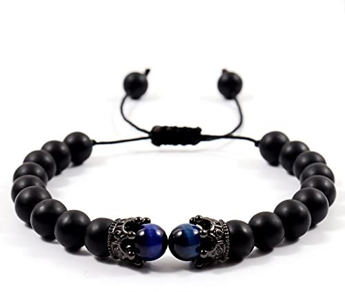 BISONBLUE Armbänder Herren Armband Geschenk Armreif Doppelkrone Armband Männer Verstellbare Handgemachte Webart 8Mm Bernstein Lavastein Armband Für Männer Geschenk 9