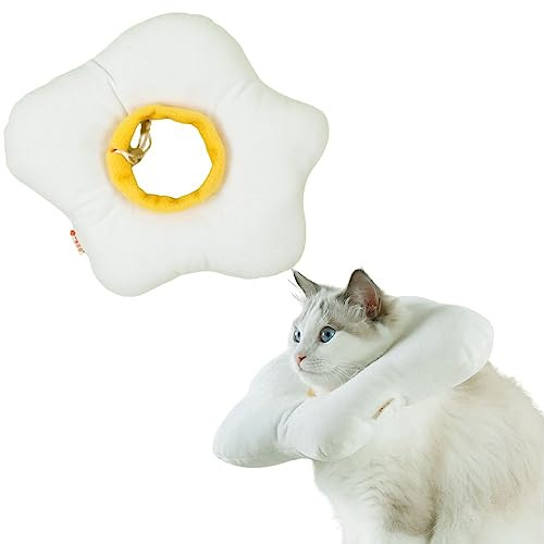 Adjustable Cat Recovery Collar, Cute Cat Donut Collar, Soft Cone Collars for Cat, Cat Cones to Stop Licking Wound Healing Protective Cone After Surgery Elizabethan Collars for Pets (Poached Eggs, S)