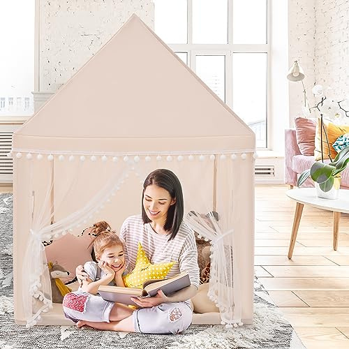 GOPLUS Spielhaus Kinder Indoor, Kinderzelt mit waschbarer Matte, Massivholzrahmen, Fenster & Vorhängen, Kinderspielhaus für Kinderzimmer, Prinzessin Zelt, Kinderzelt für 2-3 Kinder ab 3 Jahre (Beige)