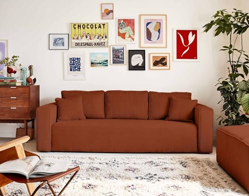 Bestmobilier Topaze - 3-Sitzer Sofa - schlaffunktion und bettkasten - aus Cord Terrakotta