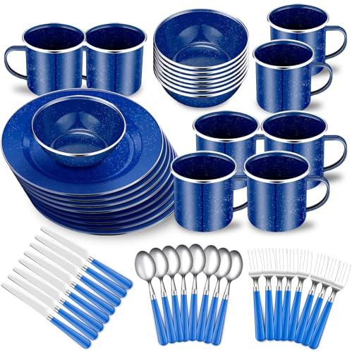 Nuogo 48-teiliges Emaille-Campinggeschirr-Set für 8 Personen, inklusive 340 ml Emaille-Kaffeetassen, 26,7 cm, Campingteller, 15,2 cm Schüsseln und Campingutensilien, Set mit Messer, Gabel, Löffel für
