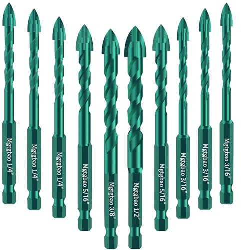 Mgtgbao Green Concrete Drill Bit Set, 10pcs Masonry Drill Bits Set Carbide Tip for Glass, Brick, Tile, Concrete, Plastic and Wood with Size 3/16”,1/4”, 5/16”,3/8”, 1/2”