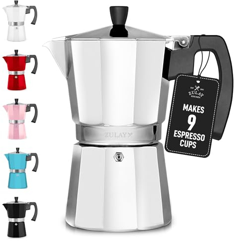 Zulay Moka Pot Espresso Stovetop Coffee Maker - Leak-Proof, Aluminum, Easy to Clean, Heat Resistant Handle & Knob - for Authentic Cuban & Italian Style Espresso - Makes 9 Espresso Cups - Silver
