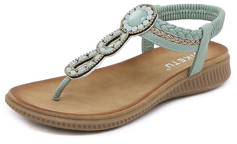 Meik Mangni Damen Sandalen Sommer Bohemian Flache Zehentrenner Strass Sandaletten Strand Schuhe Plattform Flip Flops A Grün Gr.39