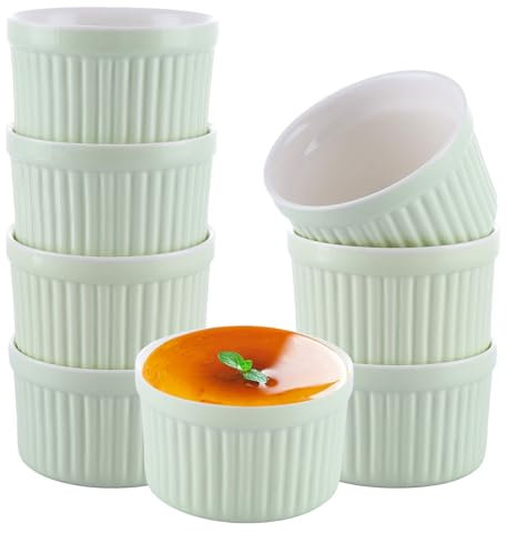 AHAQU Ramekins - Juego de 8 ramequines de porcelana pequeños de 120 ml para freidora de aire, plato de porcelana para hornear soufflé de 7,5 x 7,5 x 4,5 cm, color verde