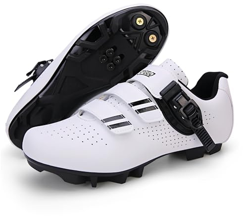 Treer Cycling Shoes Mens Womens, 2024 Mountain Bikes Shoes with SPD Cleats Unisex Cycle Shoes Road Bikes Shoes for Men Lady Spin Bike Shoes for Outdoor Indoor 5 UK to 10 UK White Black
