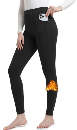LYRIKER Thermo Leggings Gefüttert Damen Winter Fleece Thermoleggings aus Baumwolle Thermoleggins mit Taschen Schwarz XS-XL
