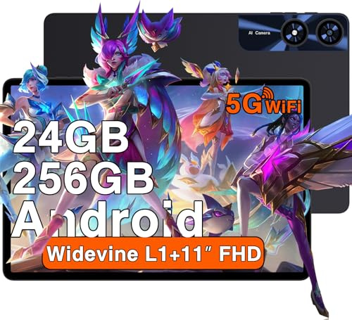 Tablet 11 Pulgadas Android con 24GB RAM 256GB ROM (1TB TF), Octa-Core, 2.0 GHz, Widevine L1, 5G WiFi, Bluetooth 5.0, 8000mAh, 5MP + 13MP, 1280 * 800 FHD IPS, Facial ID, AGPS, Tablet con Funda - Black