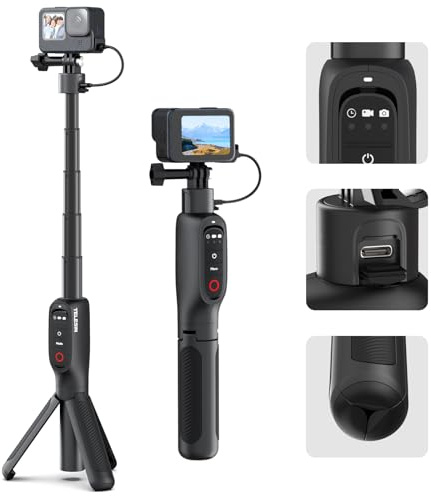 TELESIN° Shorty Selfie Wiederaufladbarer ausziehbarer Verlängerungs Stativständer 5000mAh Akku Inklusive Fernbedienung, kompatibel mit GoPro Max Hero 13 12 11 10 9 Große Kapazitäts Powerbank für GoPro